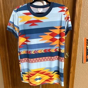 LuLaRoe Short Sleeve Tee in Light Blue, Navy, Yellow & Red Aztec Print